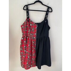 Skelanimals Womens Plus 3X Split Plaid Mini Dress Red Black Goth Emo Punk